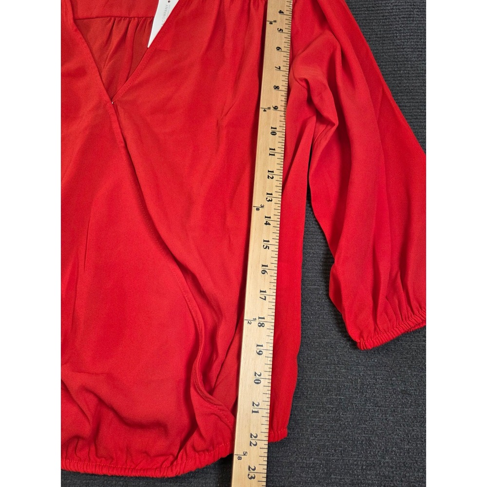 New York & Company Blouse Women Medium Red Faux Wrap V-Neck 3/4 Sleeve New - Picture 7 of 9